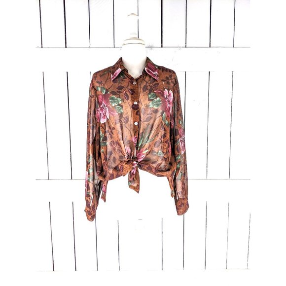 French Laundry brown mauve pink floral sheer long sleeve button front blouse - Picture 1 of 5